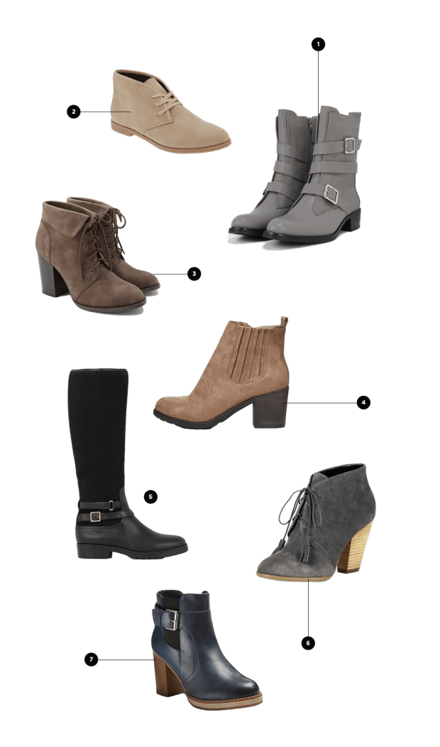 1. Charles & Keith, $96 / 2. Old Navy, $36 / 3. Forever 21, $35 / 4. Target, $36 / 5. Charles & Keith, $99 / 6. Sole Society, $90 / 7. Target, $36