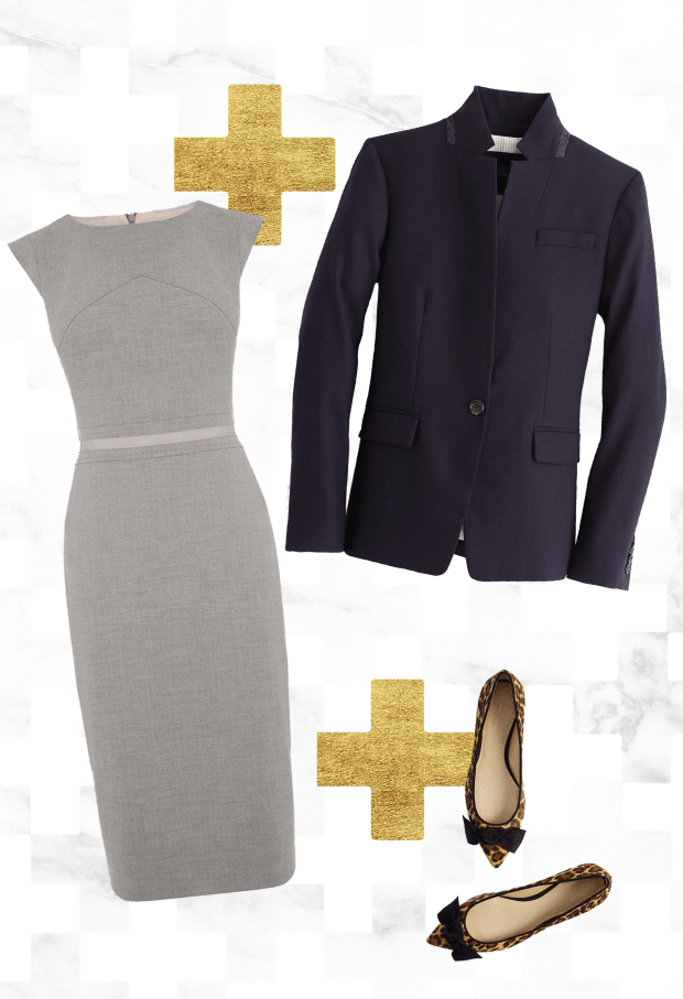 1. Dress, Oasis, $92 / 2. Blazer, J.Crew, $198 / 3. Shoes, Ann Taylor, $138