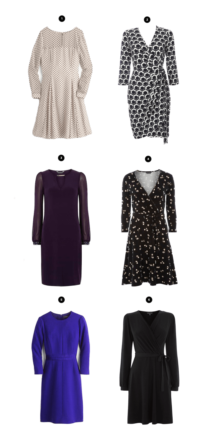 1. J.Crew, $130 / 2. Wallis, $56 / 3. Dorothy Perkins, $57 / 4. Dorothy Perkins, $35 / 5. J.Crew, $228 / 6. Warehouse, $68