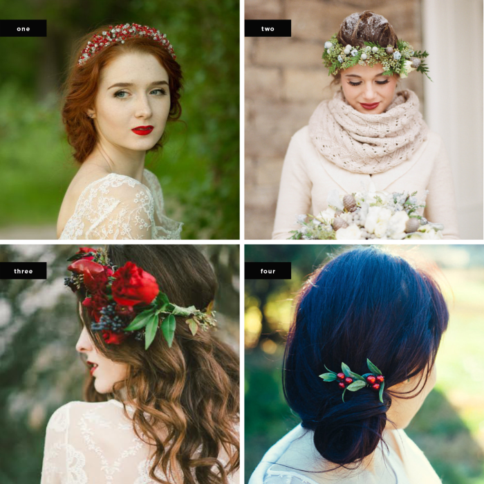 1. Wreath: AnnAccessoriesStudio, $127 / 2. Image Credit: Elizabeth Anne Designs / 3. Image Credit: Stephanie Rose Photography, Wreath: R Love Floral / 4. Hair Comb: KimArt, $30