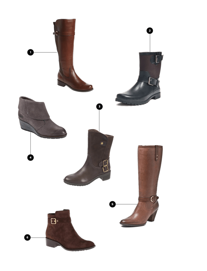 1. Blondo, $200 / 2. Ralph Lauren, $89 / 3. Naturalizer, $129 / 4. The North Face, $150 / 5. Blondo, $200 / 6. Cole Haan, $89 (price varies depending on color and size)