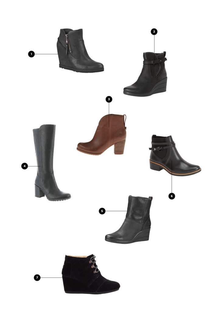 1. UGG, $160 / 2. UGG, $150 / 3. Timberland, $95 / 4. Timberland, $260 / 5. UGG, $160 / 6. Bernardo, $116 / 7. Toms, $119