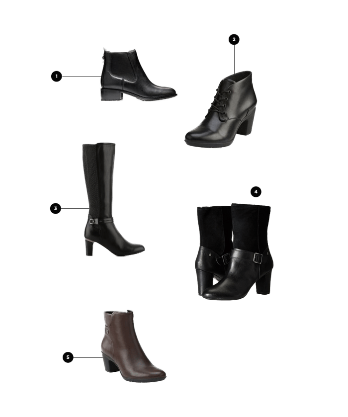 1. Cole Haan, $268 / 2. Clarks, $150 / 3. Blondo, $150 / 4. Hush Puppies, $72 / 5. Clarks, $150
