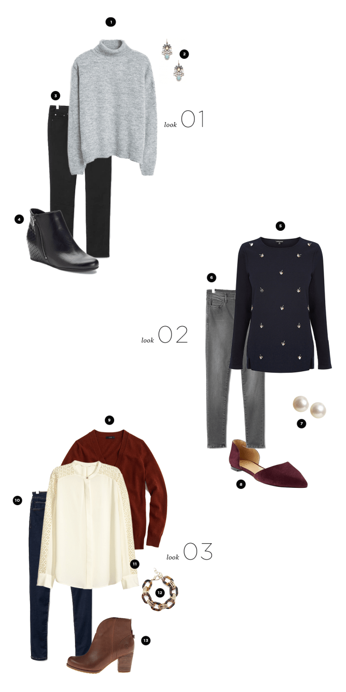 1. Mango, $60 / 2. Sole Society, $30 / 3. Gap, $70 / 4. Kohl’s, $70 / 5. Warehouse, $75 / 6. Gap, $90 / 7. Banana Republic, $21 / 8. Banana Republic, $98 / 9. J.Crew, $104 / 10. Gap, $90 /11. H&M, $30 / 12. Sole Society, $30 / 13. 6pm.com, $95