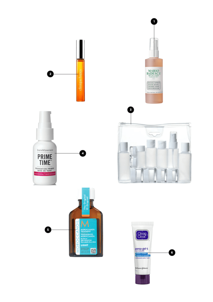 1. Facial Spray, $7 / 2. Roll-On Perfume, $20 / 3. Product Containers, $2 / 4. Primer, $24 / 5. Hair Savers, $44 / 6. Zit Zapper, $7