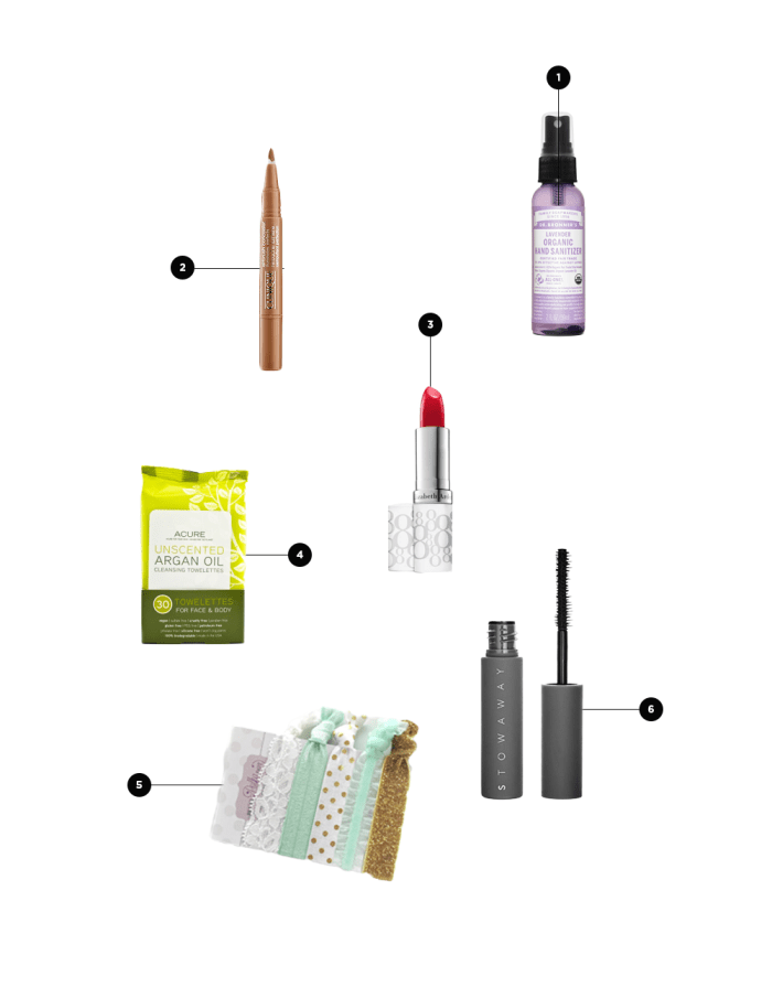 1. Hand Sanitizer, $4 / 2. Concealer, $26 / 3. Lip Tint, $21 / 4. Towelettes, $9 / 5. Stretchy Hair Ties, $5 / 6. Mini Mascara, $12