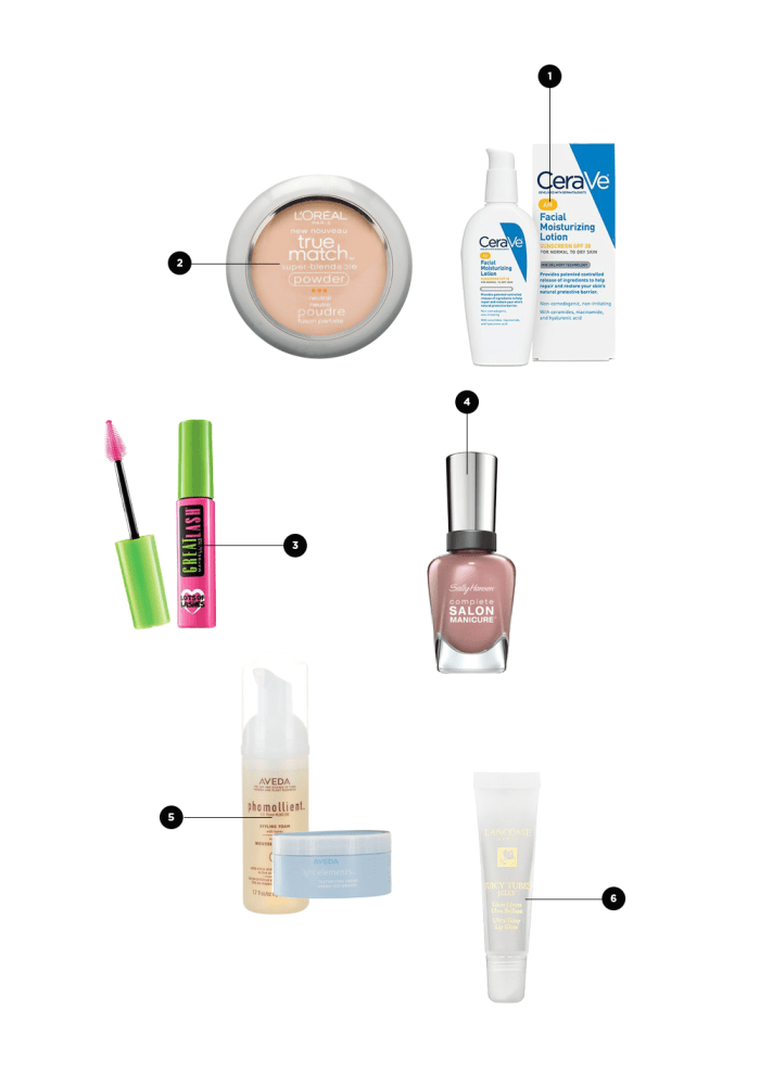 1. Travel-Size Moisturizer, $27 / 2. Compact, $9 / 3. Mascara, $4 / 4. Nail Polish, $9 / 5. Travel-Size Styling Foam, $19 and Texturizing Creme, $25 / 6. Lip Gloss, $18