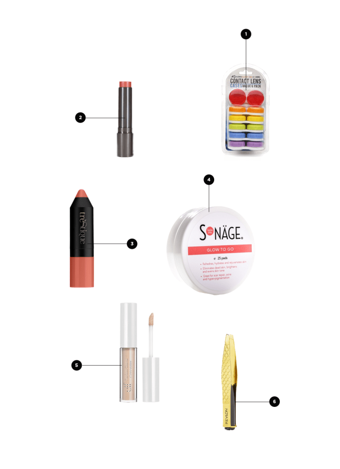 1. Contact Lens Case, $4 / 2. Berry Lip Tint, $14 / 3. Blush Stick, $34 / 4. Skin-Brightening Pads, $20 / 5. Concealer, $2 / 6. Tweezers, $14