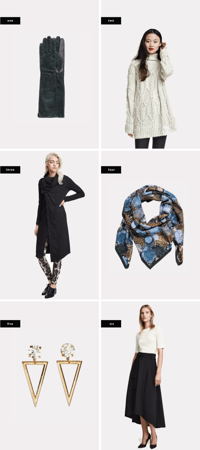 1. Suede Gloves, $35 / 2. Cable-Knit Turtleneck Sweater, $35 / 3. Long Sweatshirt Cardigan, $30 / 4. Patterned Scarf, $13 / 5. Earrings, $5 / 6. Pleated Skirt, $70