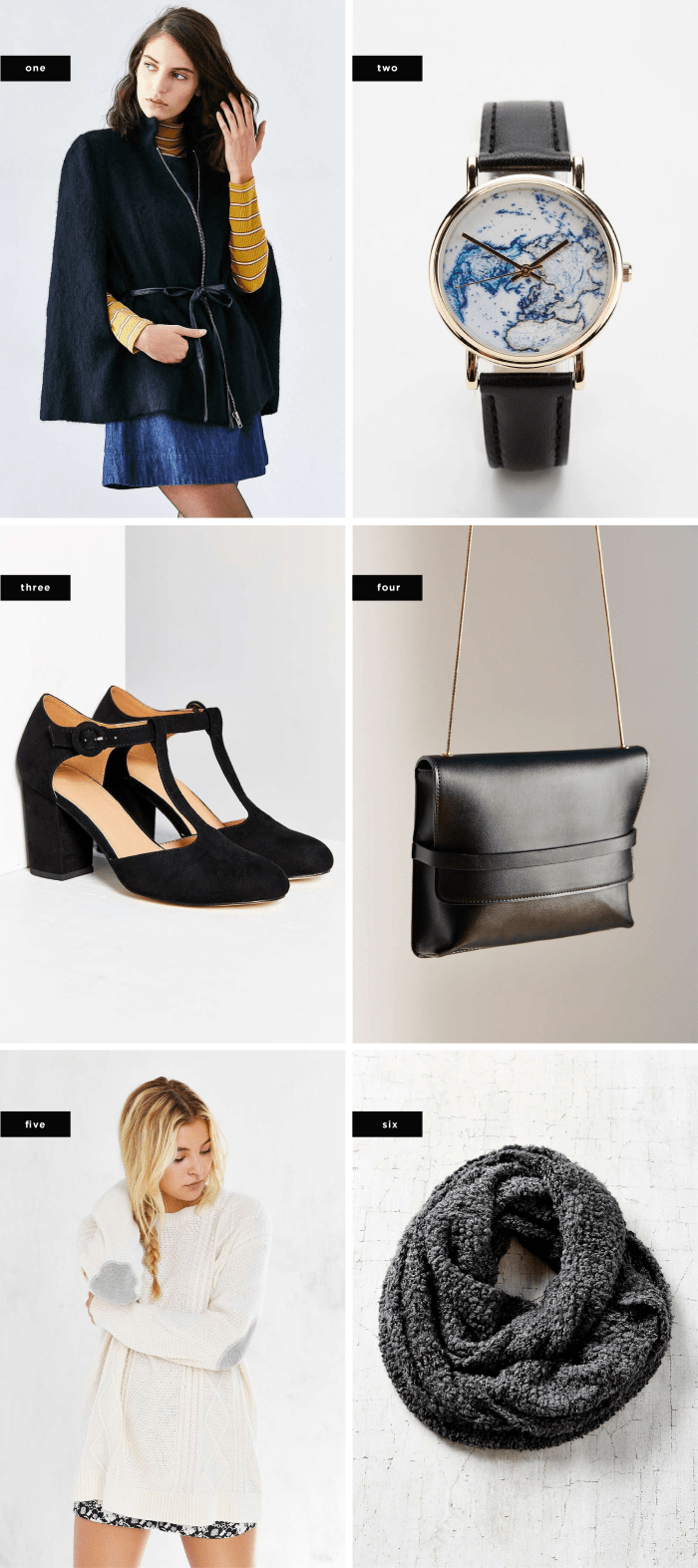 (Sale prices vary upon final purchase): 1. BB Dakota Zoey Cape Coat, $120 / 2. On the Map Leather Watch, $24 / 3. Lily T-Strap Heel, $79 / 4. Silence + Noise Hand Strap Crossbody Bag, $39 / 5. BDG Elbow Patch Sweater, $39 / 6. Variegated Cozy Eternity Scarf, $24