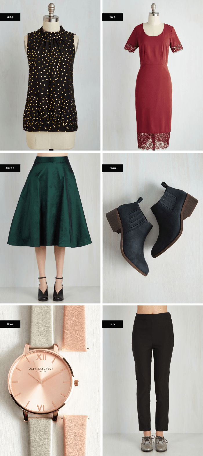 1. Midtown Magnificence Top in Dotted Black, $50 / 2. Follow the Leadership Dress, $80 / 3. Twirl Power Skirt, $80 / 4. Stroll with the Punches Bootie in Navy, $80 / 5. Fully Punctual Watch Set, $145 / 6. A Chic Start Pants in Black, $60