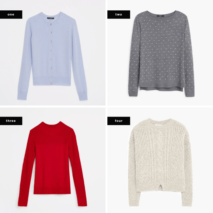 1. Ann Taylor, $189 / 2. Mango, $50 / 3. Ann Taylor, $30 / 4. Mango, $50