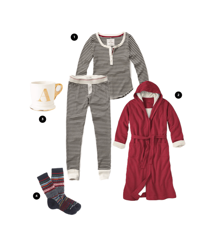 1. Abercrombie & Fitch, top $20, pant $29 / 2. L.L.Bean, $90 / 3. Anthropologie, $10 / 4. J.Crew, $48