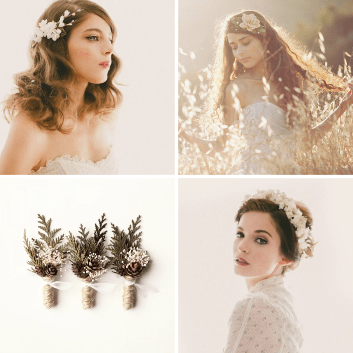 1. Cherry Blossom Hair Clip, $28 / 2. Rustic Flower Crown, $68 / 3. Boutonniere, $12 / 4. Ivory Floral Crown, $88