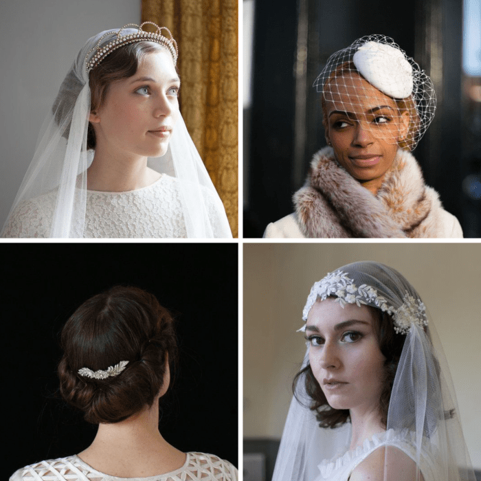 1. Headpiece, $290 / 2. Birdcage Veil, $225 / 3. Comb, $80 / 4. Cap Veil, $305