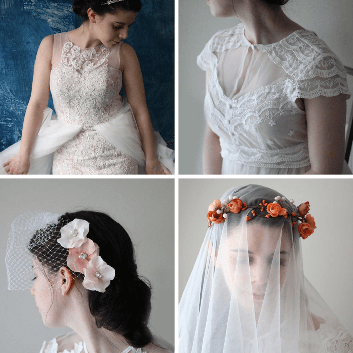 1. Gown, $517+ / 2. Dress, $265+ / 3. Flower Clip Set, $40 / 4. Crown, $44