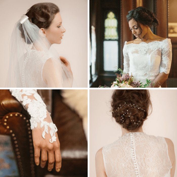 1. Bow Veil, $149+ / 2. Bridal Cover, $330 / 3. Lace Bridal Gloves, $129 / 4. Hair Vine, $169
