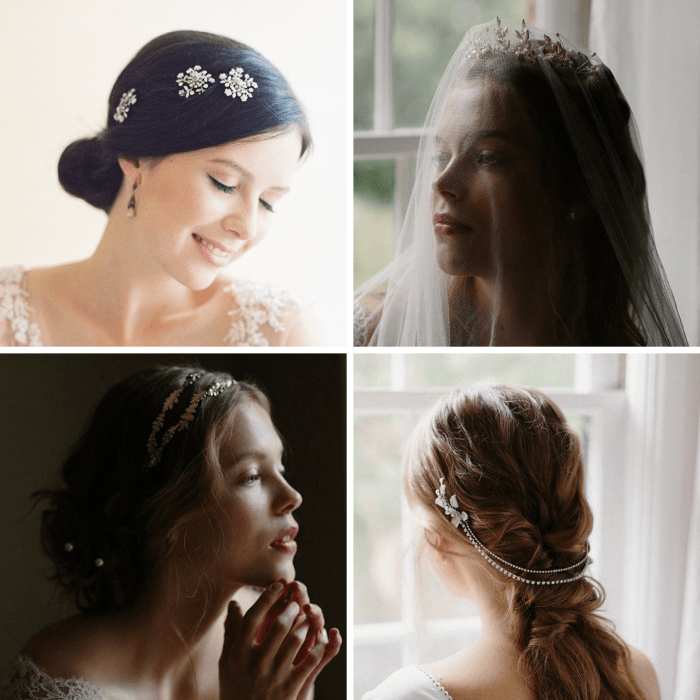 1. Rhinestone Bobby Pins, $195 / 2. Crown, $345 / 3. Grecian Headband, $225 / 4. Chain Headpiece, $255