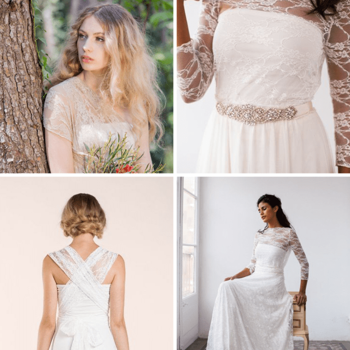 1. Gown, $266 / 2. Sash, $59 / 3. Short Dress, $266 / 4. Lace Gown, $480