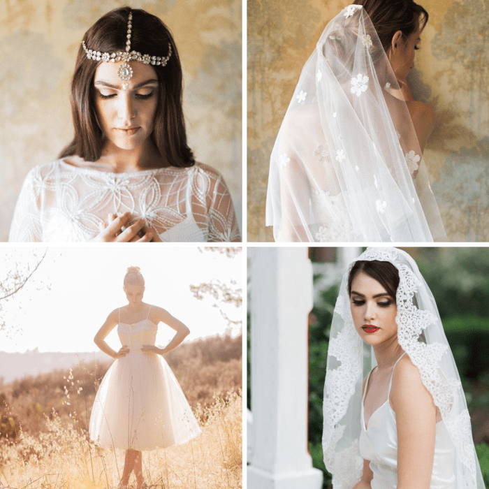 1. Gown, $600 / 2. Daisy Veil, $95 / 3. Tulle Skirt, $85 / 4. Veil, $105+
