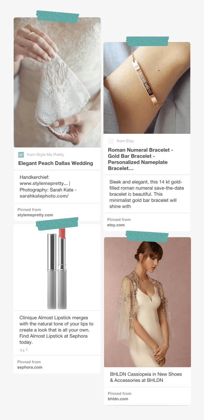1. The Lace Shop, $38 (similar) / 2. Gold Crush Jewelry, $64 / 3. Clinique, $17 / 4. BHLDN, $615