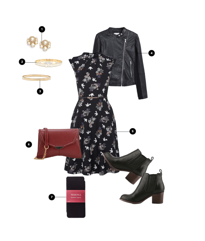 1. Nordstrom, $58 / 2. Kate Spade New York, $58 / 3. Nordstrom, $32 / 4. Mango, $95 / 5. Oasis, $77 / 6. Charles & Keith, $39 / 7. Target, $8 / Boots: Designer Shoe Warehouse, $60