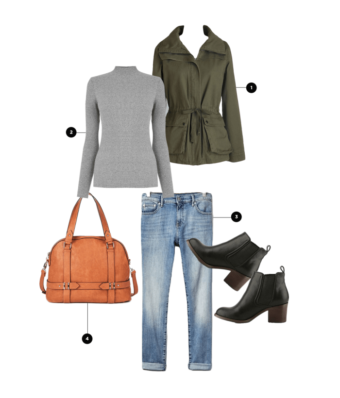 1. ModCloth, $70 / 2. Oasis, $36 / 3. Gap, $70 / 4. Sole Society, $50 / Boots: Designer Shoe Warehouse, $60
