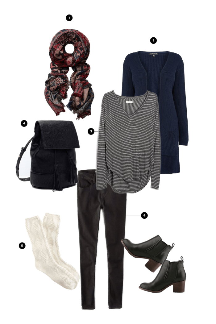 1. Aritzia, $65 / 2. Warehouse, $27 / 3. Madewell, $30 / 4. Genuine People, $69 / 5. J.Crew, $23 / 6. Warehouse, $80 / Boots: Designer Shoe Warehouse, $60