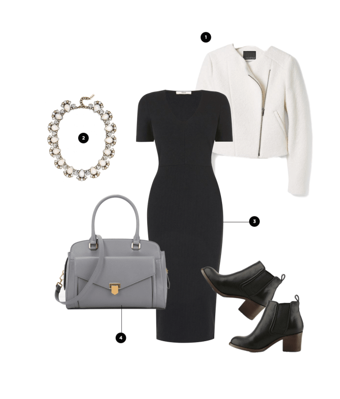 1. Banana Republic, $100 / 2. BaubleBar, $52 / 3. Oasis, $77 / 4. Charles & Keith, $89 / Boots: Designer Shoe Warehouse, $60