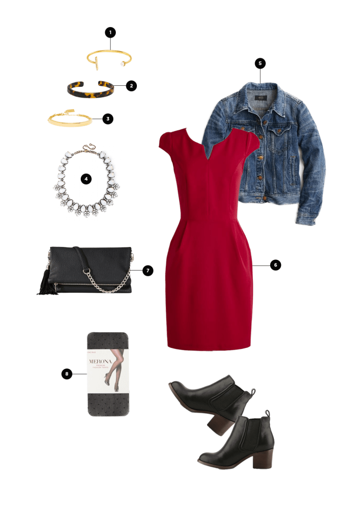 1. BaubleBar, $32 / 2. BaubleBar, $32 / 3. BaubleBar, $34 / 4. BaubleBar, $68 / 5. J.Crew, $168 / 6. ModCloth, $55 / 7. Express, $40 / 8. Target, $10 / Boots: Designer Shoe Warehouse, $60