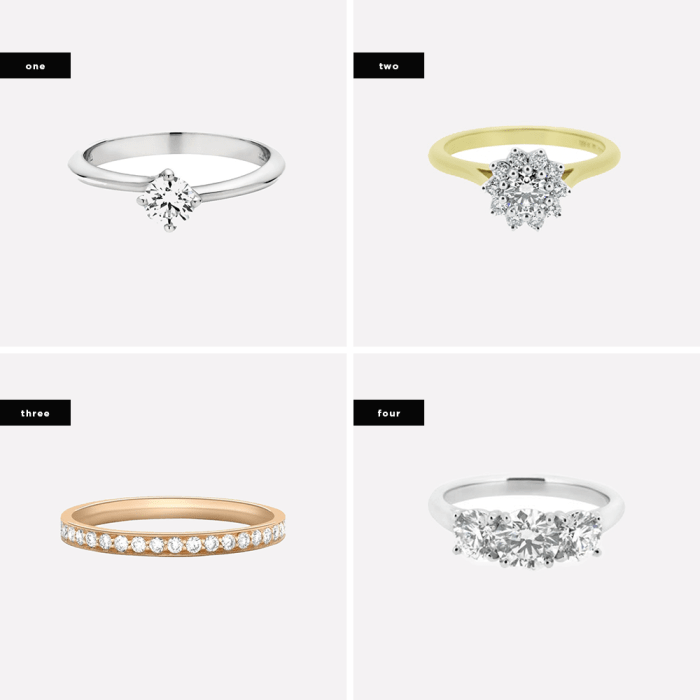 1. Arabesque / 2. Diamond Cluster Ring in Fairtrade Yellow Gold / 3. Grain Set Half Eternity Ring / 4. Platinum Diamond Trilogy Ring