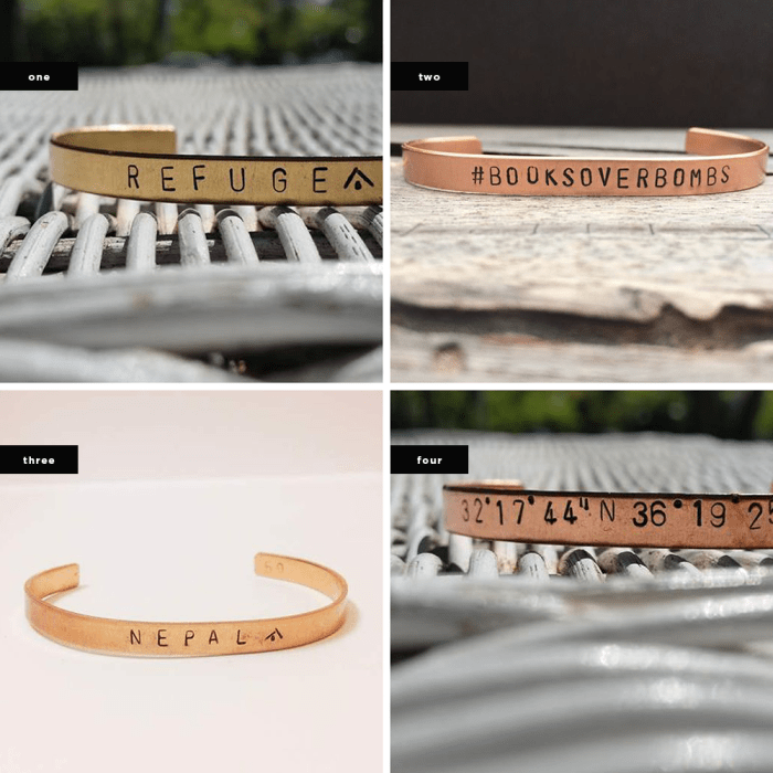 1. Signature Cuff Nu-gold, $17 / 2. #BooksOverBombs Copper Cuff, $20 / 3. Nepal Cuff Nu-gold, $20 / 4. Coordinate Cuff in Copper, $20