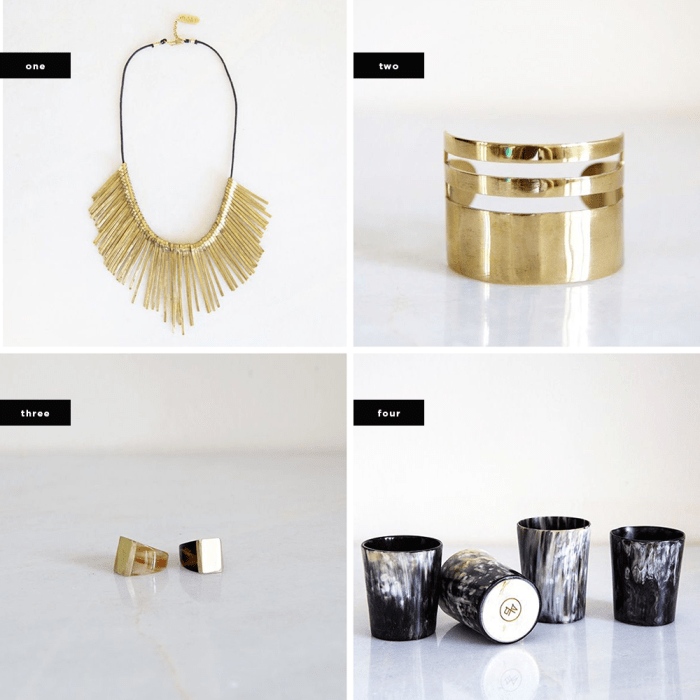 1. Gold Spikes Necklace, $115 / 2. Triple Band Brass Cuff, $150 / 3. Cow Horn and Brass Statement Ring, $75 / 4. Cow Horn Whisky Tumbler Set, $75