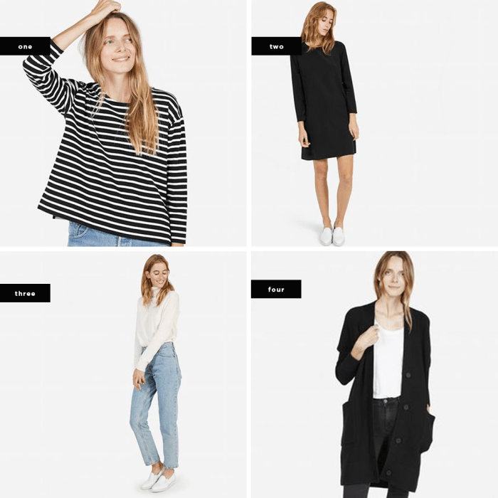 1. The Boxy Striped Tee, $45 / 2. The Silk Long-Sleeve Dress, $130 / 3. The Cashmere Turtleneck, $130 / 4. The Chunky Wool Cardigan Coat, $165
