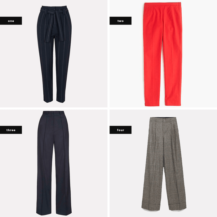 1. Topshop, $75 / 2. J.Crew, $90 / 3. Topshop, $125 / 4. Zara, $16