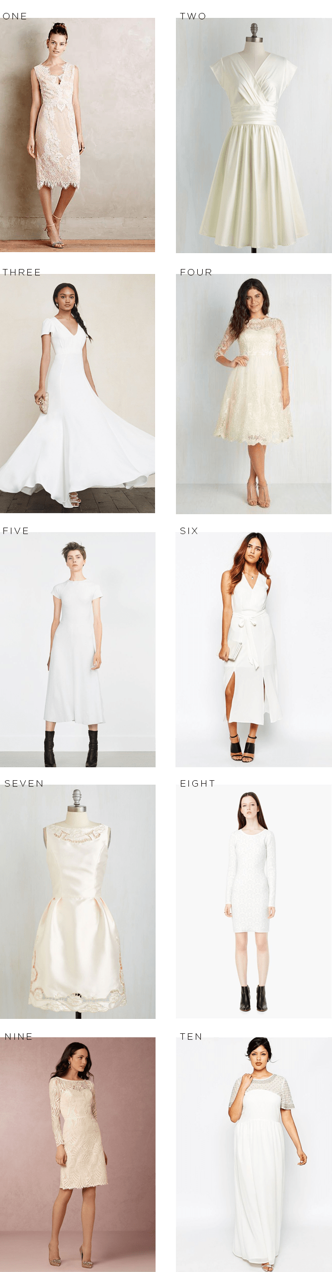 1. Anthropologie, $395 / 2. ModCloth, $90 / 3. Reformation, $598 / 4. ModCloth, $140 / 5. Zara, $70 / 6. Asos, $98 / 7. ModCloth, $110 / 8. Mango, $90 / 9. BHLDN, $460 / 10. Asos, $170