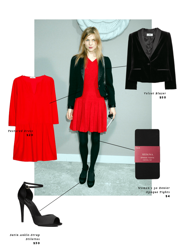 1. Dress, Mango, $20 / 2. Tuxedo Jacket, Mango, $50 / 3. Pumps, Forever 21, $30 / 4. Tights, Target, $4