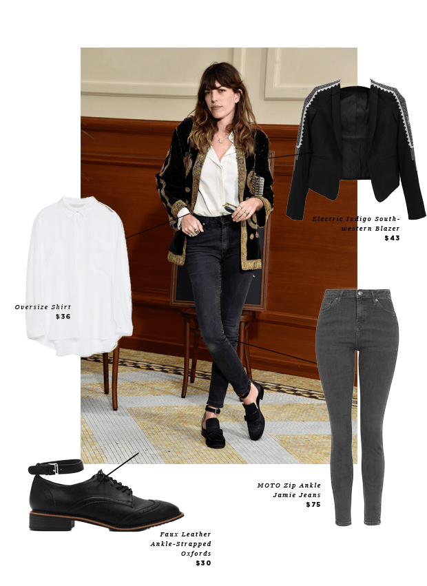 1. Button-up, Zara, $36 / 2. Blazer, Buckle, $43 / 3. Oxfords, Forever 21, $30 / 4. Jeans, Topshop, $75