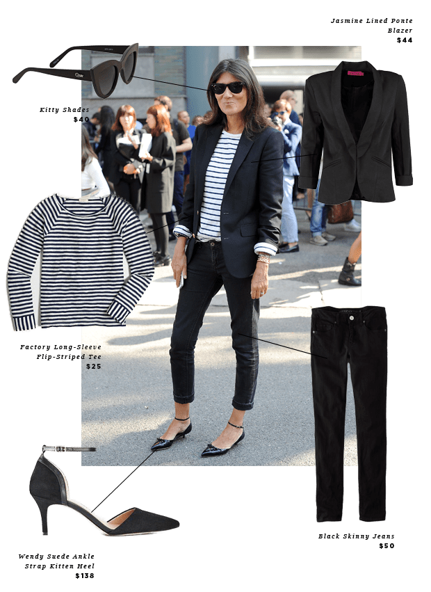 1. Sunglasses, Nasty Gal, $40 / 2. Striped Shirt, J.Crew Factory, $25 / 3. Kitten Heels, Ann Taylor, $138 / 4. Jeans, American Eagle, $50 / 5. Blazer, Boohoo, $44