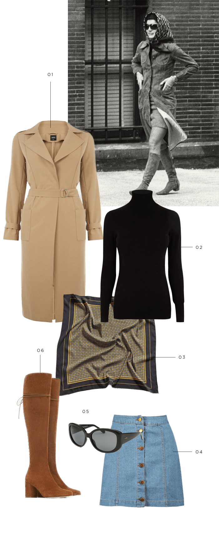 Jackie O style icon outfit inspiration classic timeless feminine classy fashion shopping black and white suede and camel luxe 1970s style vintage demure white matching set