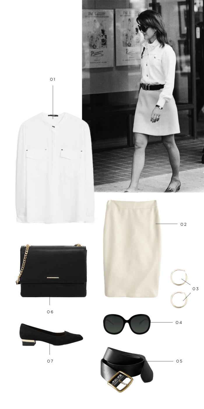 Jackie O style icon outfit inspiration classic timeless feminine classy fashion shopping black and white suede and camel luxe 1970s style vintage demure white matching set