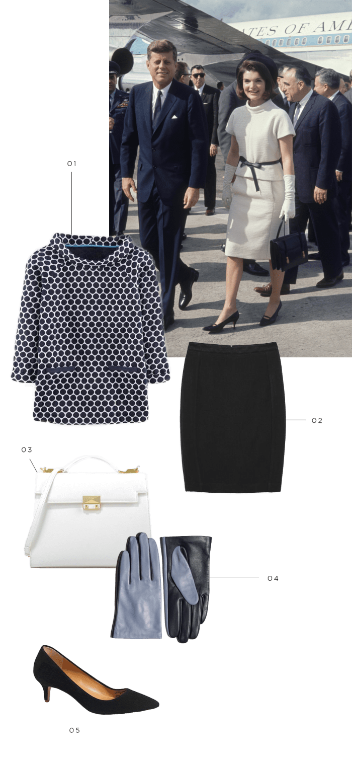 Jackie O style icon outfit inspiration classic timeless feminine classy fashion shopping black and white suede and camel luxe 1970s style vintage demure white matching set