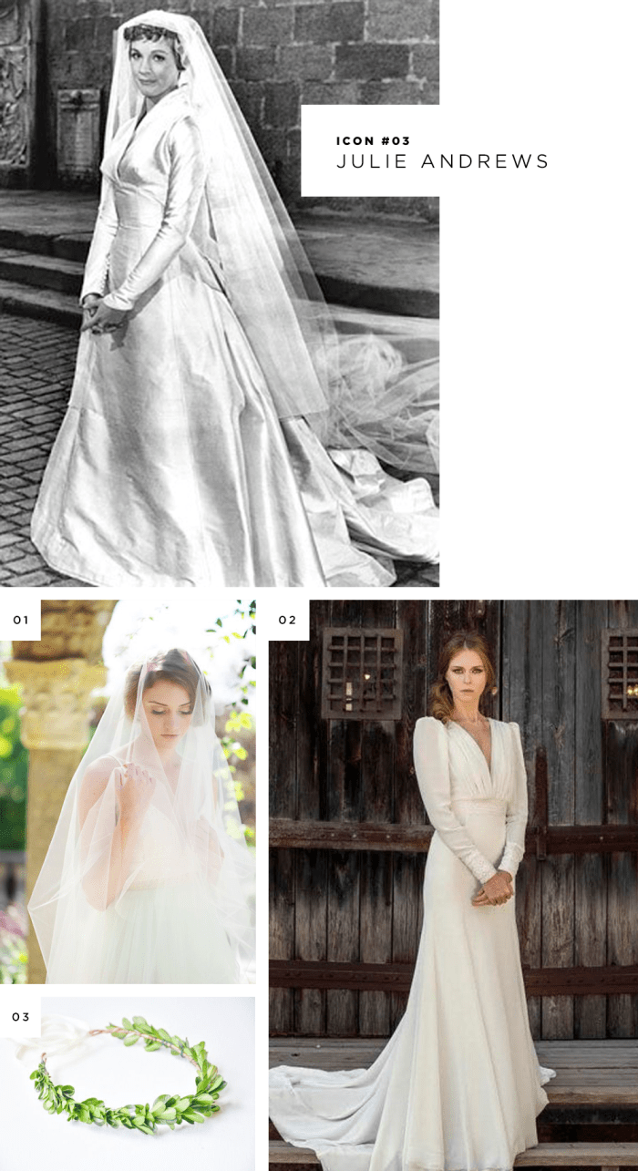 iconic wedding dress looks recreated white dresses inspiration Kate Middleton Audrey Hepburn Grace Kelly Sound of Music Julie Andrews