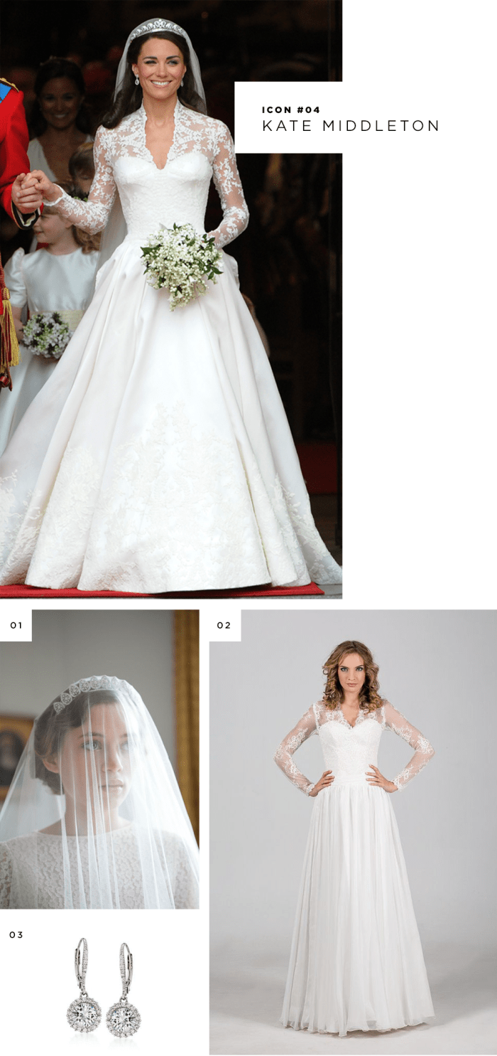 iconic wedding dress looks recreated white dresses inspiration Kate Middleton Audrey Hepburn Grace Kelly Sound of Music Julie Andrews
