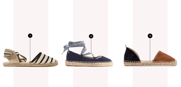 1. Soludos, $55 / 2. J. Crew, $88 / 3. Boden, $90