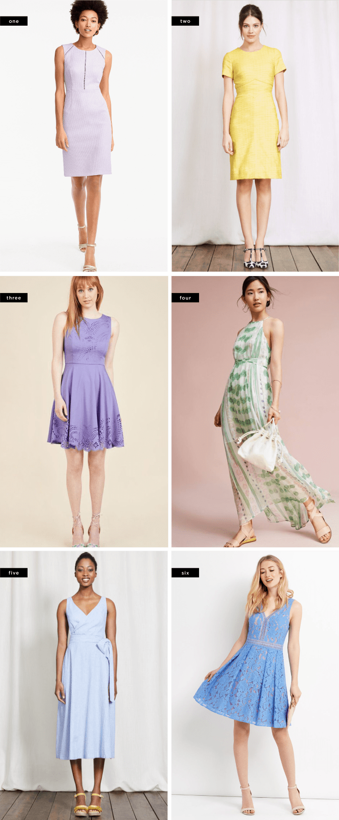 1. J.Crew, $148 / 2. Boden, $102 / 3. ModCloth, $60 / 4. Anthropologie, $198 / 5. Boden, $140 / 6. Oasis, $97