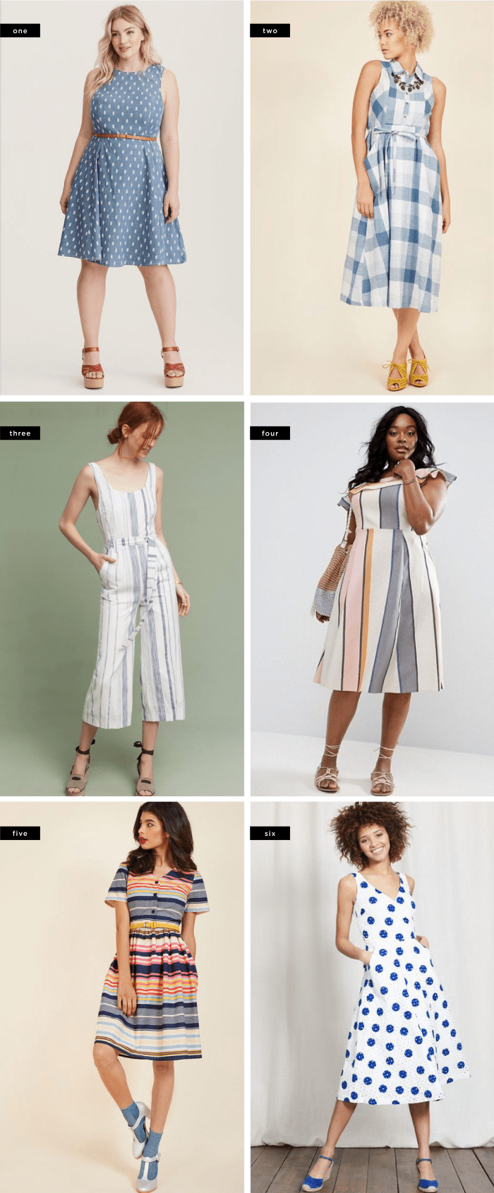 1. Torrid, $69 / 2. ModCloth, $70 / 3. J.O.A, $55 / 4. Asos, $47 / 5. ModCloth, $100 / 6. Boden, $200