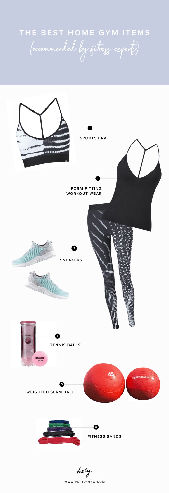 1. Reflection Print Crop Top, Vyayama / 2. Kalablak Tank and Shadow Print Legging, Vyayama / 3. Alphabonx Lux Shoes, Adidas / 4. Hope All Court Pink Tennis Balls, Wilson / 5. Echo Slam Balls, Rogue / 6. Resistance Bands, WODFitters
