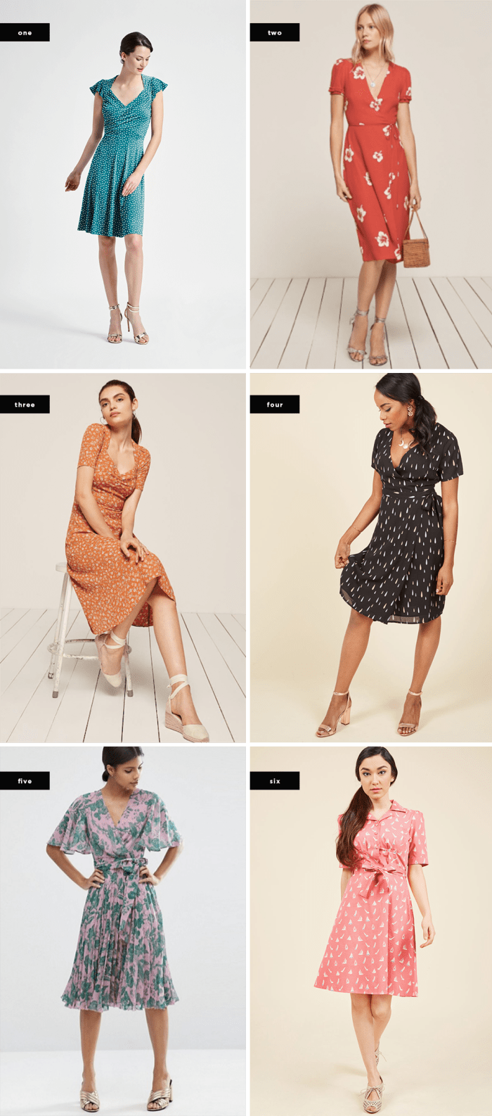1. Leota, $148 / 2. Reformation, $218 / 3. Reformation, $218 / 4. ModCloth, $80 / 5. Asos, $47 / 6. ModCloth, $90