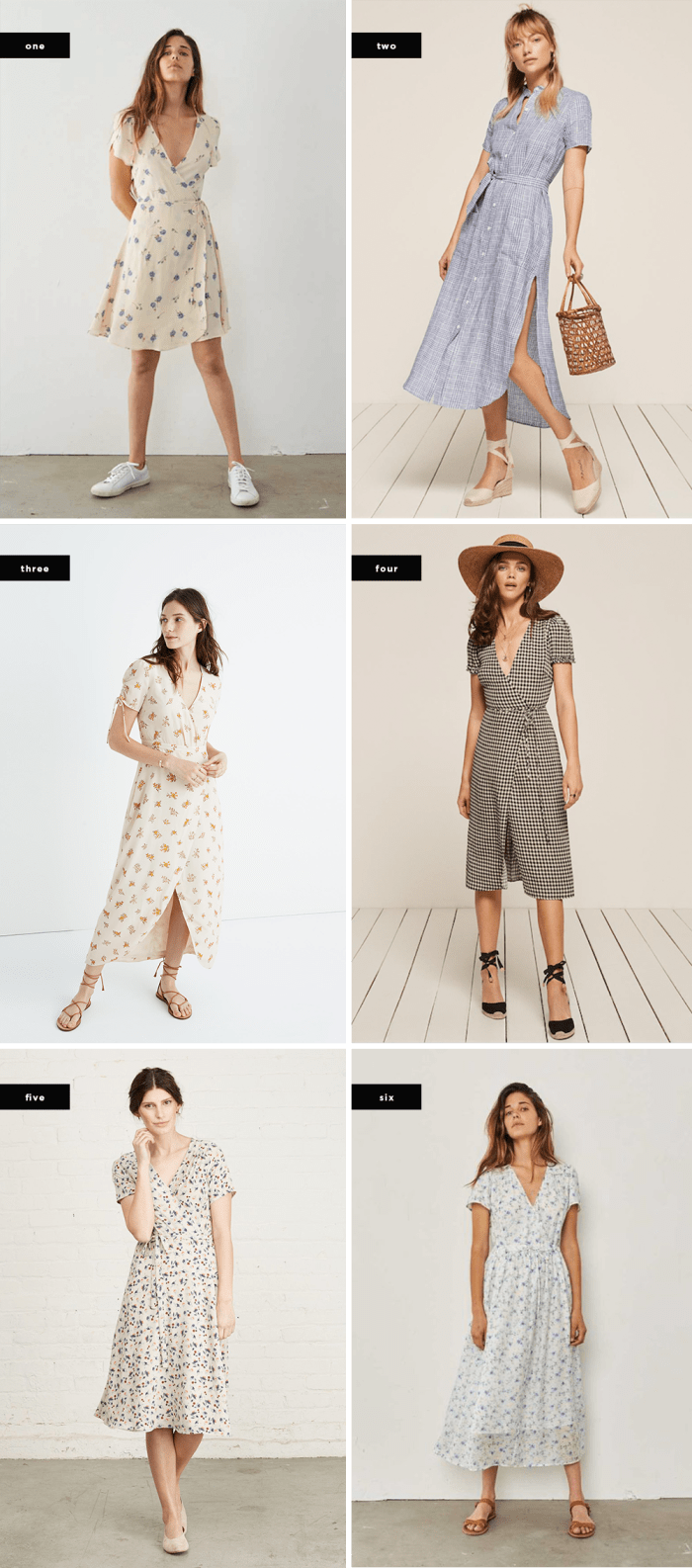 1. Christy Dawn, $191 / 2. Reformation, $198 / 3. Madewell, $168 / 4. Reformation, $218 / 5. Amour Vert, $218 / 6. Christy Dawn, $207